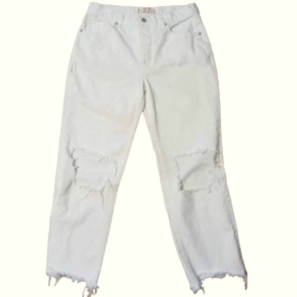Free People White Distressed Cropped Button Fly Boyfriend Jeans